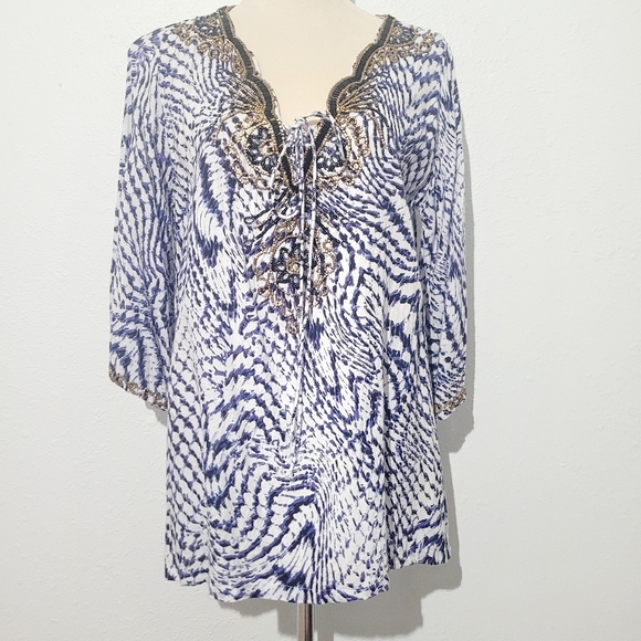 Soft Surroundings Beaded Tie Neck Tunic Blue White Rayon Boho Resort Top Large - Picture 2 of 12